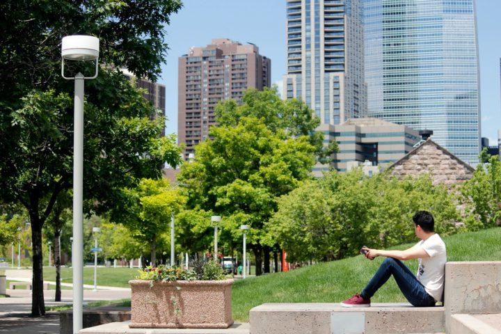 Student sitting outside looking at Denver skyscrapers and trees