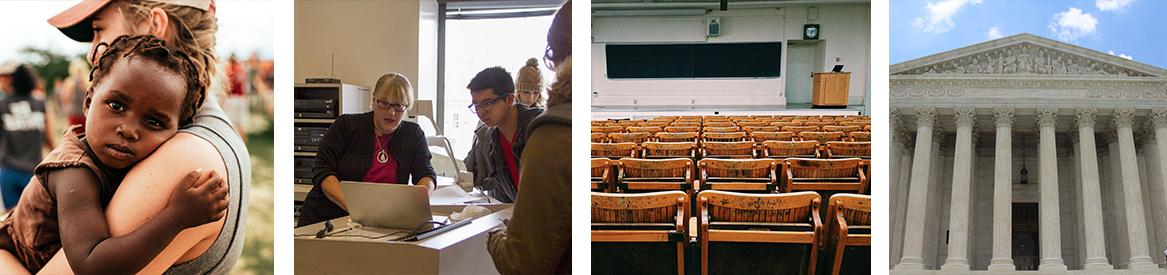 Psychology Careers Collage: Capital, Classroom, Teacher, Woman holding child